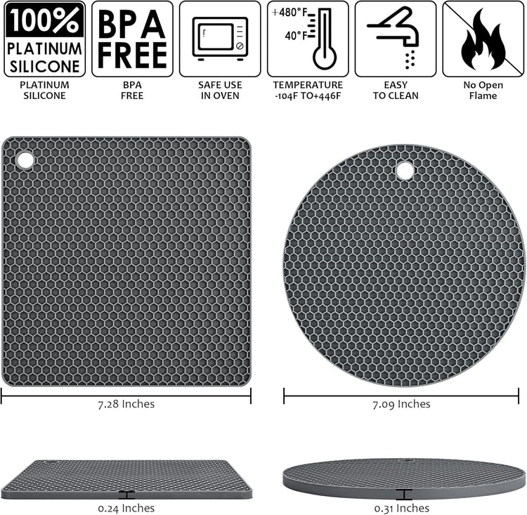 Silicone Trivets for Hot Dishes, Trivet Mat Hot Pads for Kitchen, Silicone Pot Holders for Kitchen, Trivets for Hot Pots and Pans, Heat Resistant Mats for Quartz Countertops, Set 4 Dark Gray