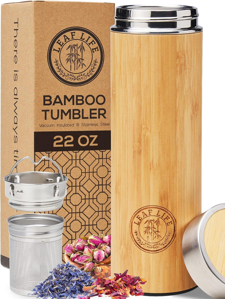 LeafLife Premium Bamboo Tea Bottle for Loose Tea - Tea Infuser Bottle - Tea Gifts - Insulated Water Bottle/Coffee Tumbler/Tea - Tea Gift Set, Tea Accessories - Tea Tumbler 22oz