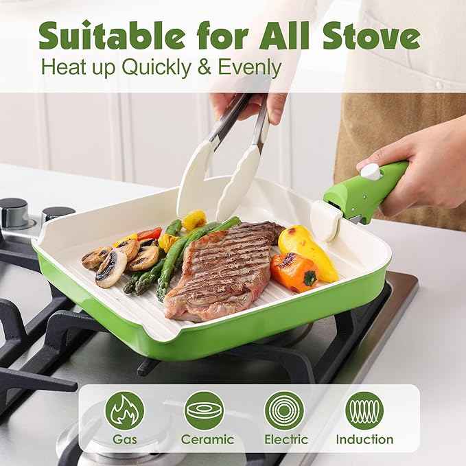 SENSARTE 17 Piece Ceramic Pots and Pans Set, Nonstick Detachable Handle Cookware, Induction Kitchen Cookware Set with Removable Handle, Dishwasher & Oven Safe (Green)