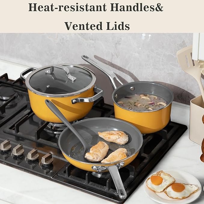10-Piece Ceramic Nonstick Cookware Set with Lids - PFAS/PTFE/PFOA-Free, Interior & Exterior Ceramic Coating -Easy to Clean- Kitchen Storage-All Stovetop Compatible & Oven-Safe up to 480°F