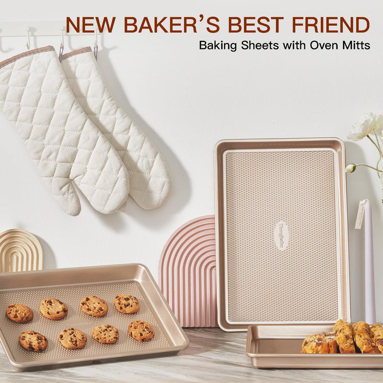 3 Pack Gold Nonstick Baking Sheet Pan Set with Oven Mitts Heat Resistant (5 Count)