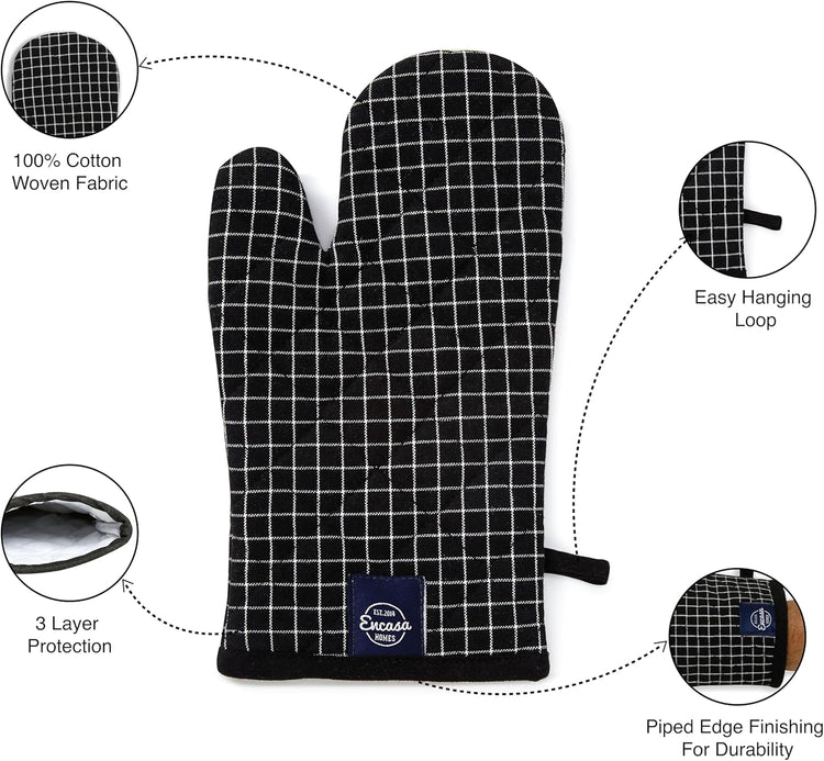 Encasa XO Long 12"x7" Oven Microwave Hand Gloves Mitts (2 pc Set) for Kitchen Cooking & Baking - Heat Resistant, Thick & Safe, Protection of Hands from Hot Utensils - Butcher Checks Black