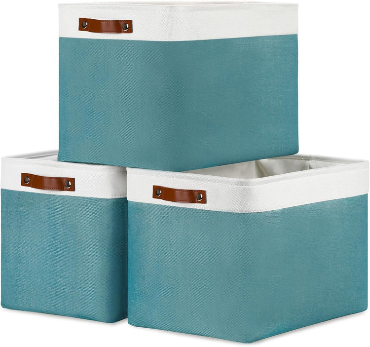 DULLEMELO Large Storage Basket, Collapsible Storage Bins Decorative Storage Baskets for Home Shelves Bedroom, Linen Fabric Basket with Leather Handles for Toys Books Organizing(White&Teal