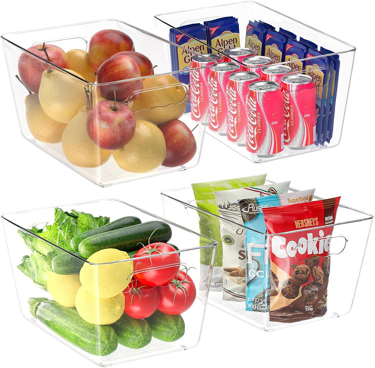 BALEINE Clear Plastic Storage Bins, Pantry Organization, BPA Free Stackable Refrigerator Organizers and Storage with Handles for Kitchen Fridge Cabinet Bathroom (4PK, 13x7.4x6.2)