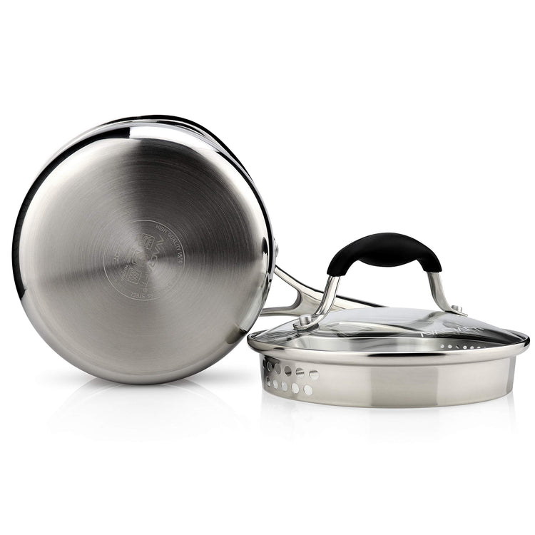 Tri Ply Stainless Steel Saucepan with Glass Strainer Lid