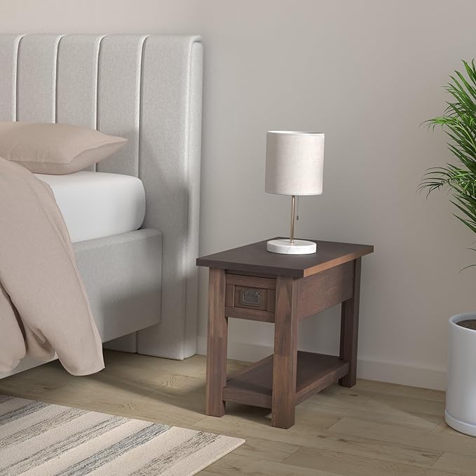 SIMPLIHOME Monroe Narrow Side Table – 14 inch Wide Solid Acacia Wood End Table in Distressed Charcoal Brown, Rustic Accent Table or Side Table for Living Room with Drawer and Shelf