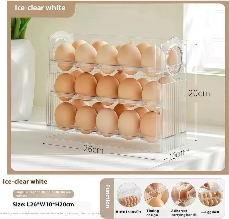 Auto-Flip egg storage for refrigerator,side fridge storage rack egg tray for refrigerator,Eggs Holder Countertop with Timers, Space-Saving Eggs Dispenser for Refrigerator, 30 Eggs Container for