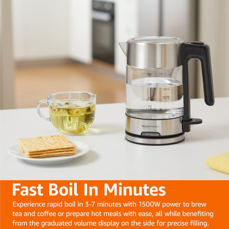 Amazon Basics Electric Kettle with Glass Carafe for Tea and Coffee, BPA-Free, Fast Boiling, Auto Shut-Off, 1.1 Quarts, 1500W, Glass and Steel