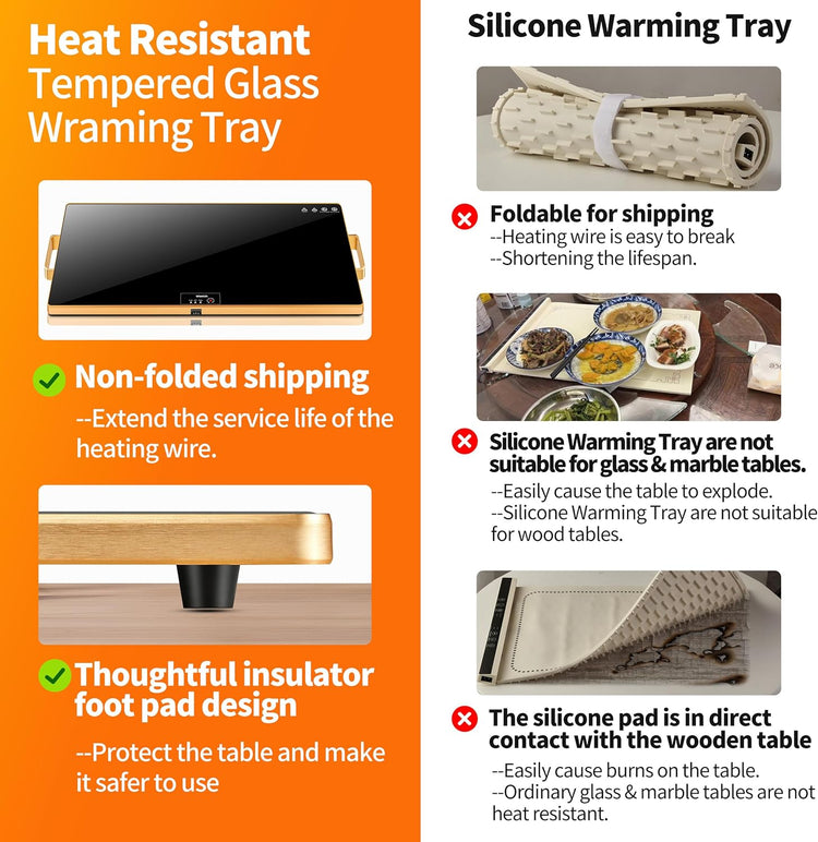 Electric Warming Tray (XXL 32”x18”),Food Warmers for Parties Buffet with Thermostat & Full Surface Heating, Tempered Glass Warming Mat for Food, Temperature Adjustable Gold Handles Food Warming Mat