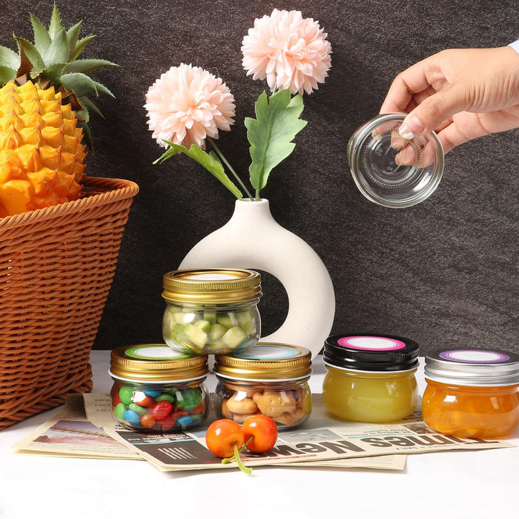 4 oz Mason Jars With Gold Lids, 24 Pack Regular Mouth Canning Jars for Jam, Honey, Yogurt, Spices, Snacks, DIY Projects, Wedding Favors- Includes 30 Stickers