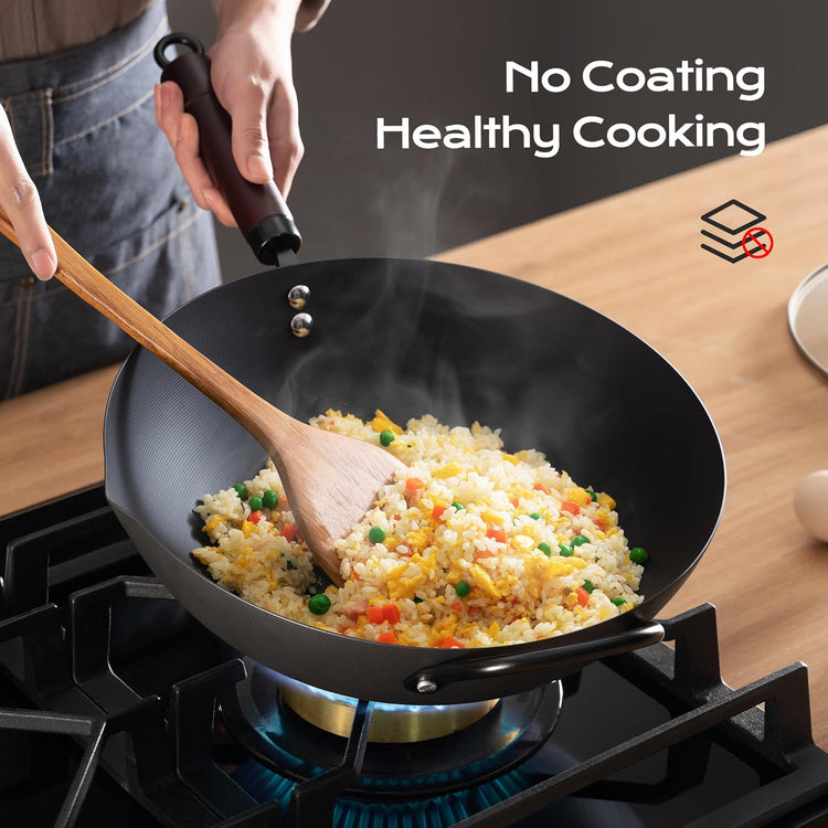 13 Inch Wok with Lid and 12 Inch Sikllet, Carbon Steel Cookware Set, Carbon Steel Woks &Stir-fry Pans Nonstick and Frying Pan, Pre-Seasoned 5.8QT Flat Bottom Chinese Wok, Compatible with All Cooktops