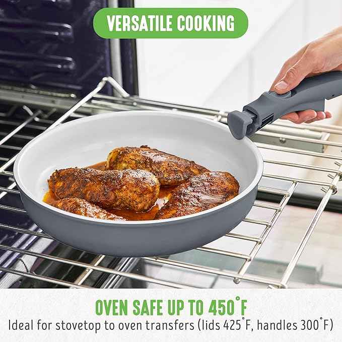 GreenLife 10 Piece Nonstick Pots & Pans Set, Detachable Handle & Stackable Cookware Set, Non Toxic PFAS-Free Skillets, Induction Kitchen Pans, Space Saving, Serving Bowls, Oven Safe, Graphite