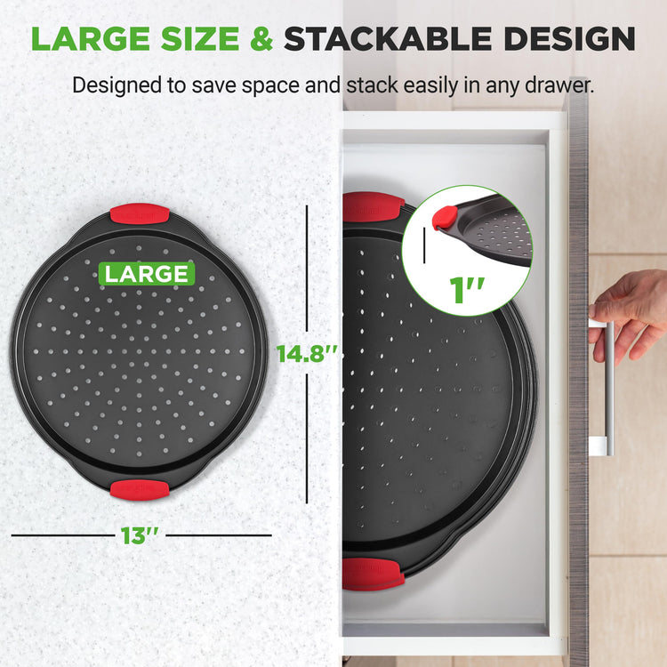 2-Piece 13-Inch Nonstick Pizza Tray, Round Carbon Steel Non-Stick Pizza Pan with Perforated Holes, Premium Bakeware Pizza Screen with Silicone Grip Handles, Dishwasher Safe, NCBPIZX2 (2 Count)
