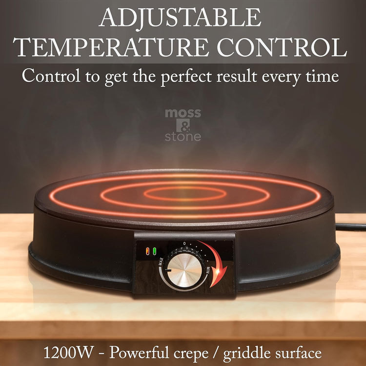 Moss & Stone 12 Inch Electric Griddle & Crepe Maker Machine. Electric Crepe Maker with Adjustable Temperature for Blintzes Pancakes & Tortilla, Non-Stick Crepe Pan & Batter Spreader & Spatula