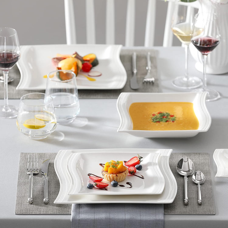 MALACASA Ivory White Dinnerware Sets, 30-Piece Porcelain Plates and Bowls Sets, Modern Dish Set for 6, Square Plates Dinnerware Set Kitchen Dishware Sets, Microwave and Dishwasher Safe, Series Flora