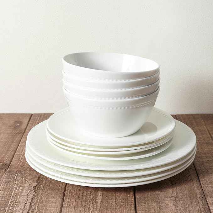 Stone Lain Ava Bone China Formal Dinnerware Set, 16-Piece Everyday Dish Service for 4 Includes Plates, Bowls, and Mugs | Chip + Scratch Resistant| White with Embossed Pinpoint Design
