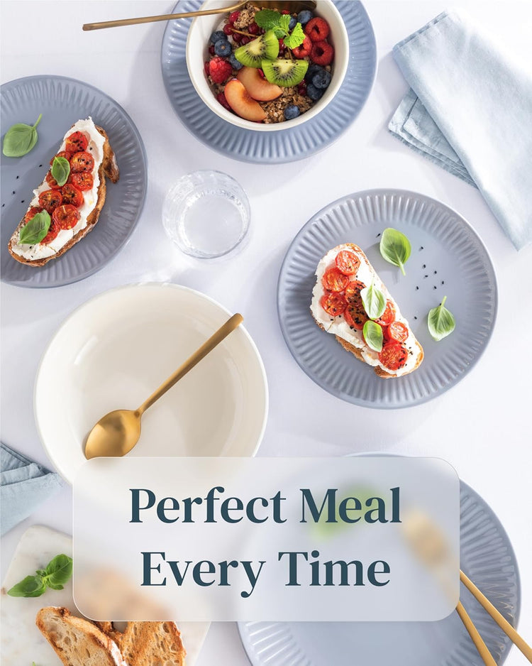 Stoneware Dinnerware Set for 4 People HYGGE 12-Piece - Elegant Scandi Design - Premium Dish Set - Bowl and Plate Set - Tableware for 4 People in a Ribbed Design - Pure Living in Gray-Blue