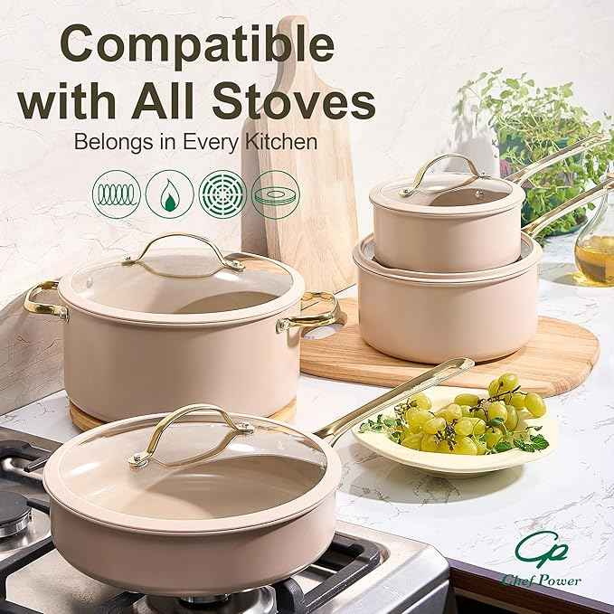 Chef Power Ceramic Cookware Sets, 15Pcs Pots and Pans Set Non Stick, Cookware Set with Stainless Steel Handle, Dishwasher & Oven Safe, Taupe and Light Gold Handle