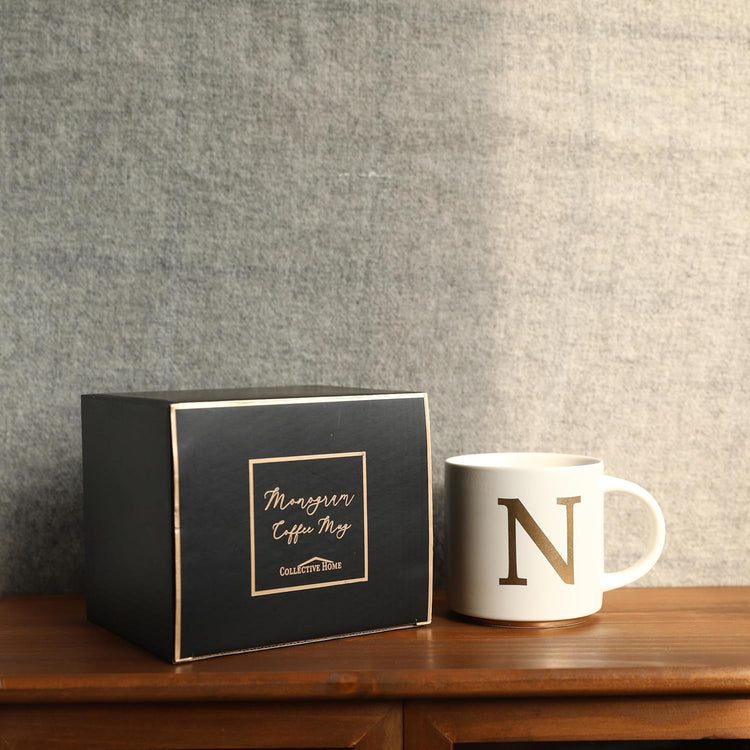 COLLECTIVE HOME - Monogram Ceramic Mugs, 15 oz Golden Initial Coffee Cups, Elegant Alphabet Tea Mugs, Elegant Personalized Mug with Gift Box, Unique Mug with Double Side Capital Letter (N)