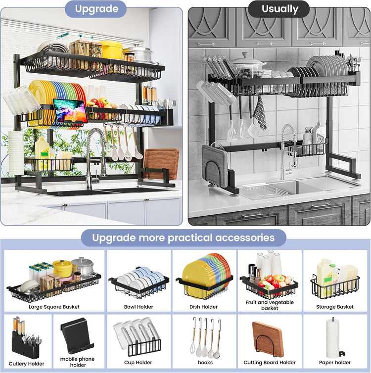 ADBIU Over The Sink Dish Drying Rack (Expandable Height and Length) Snap-On Design 2 Tier Large Dish Rack 31-39.4L x 12W x 34-38H inches