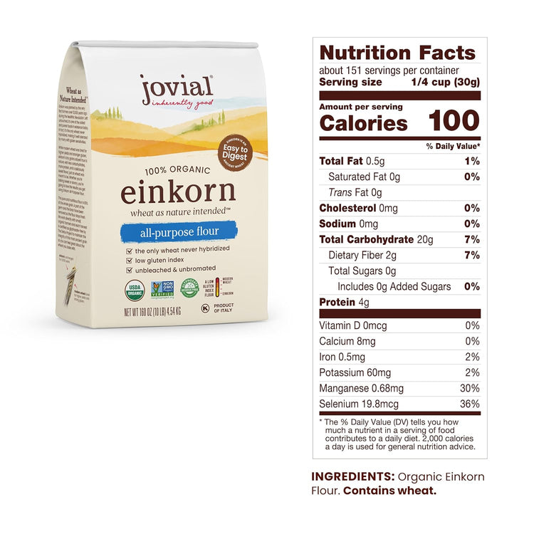 Jovial Organic Einkorn Unbleached All Purpose Flour - For Sourdough Bread Baking, High Protein, Non-GMO, Organic Pizza & Pasta Flour, European Italian, Glyphosate Free - 10 Lb, 2 Pack - Nestoria