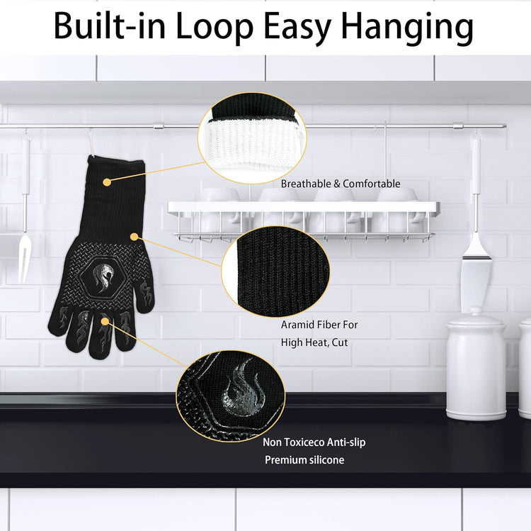 BBQ Fireproof Gloves, Grill Cut-Resistant Gloves 1472°F Heat Resistant Gloves, Non-Slip Silicone Oven Gloves, Kitchen Safe Cooking Gloves for Oven Mitts,Barbecue,Cooking, Frying, Black(2 Pairs)
