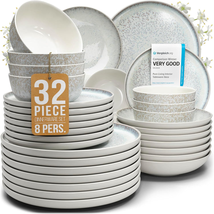 Stoneware dinnerware set 8 persons 32 pcs - Mediterranean dinnerware set, dishwasher, microwave and scratch resistant - Bowl and plate set - Dinnerware Pure Living Light Beige…