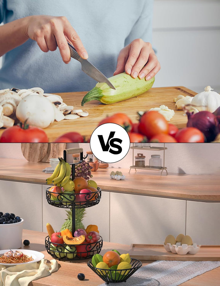 2-Tier ๐
๐ซ๐ฎ๐ข๐ญ ๐๐๐ฌ๐ค๐๐ญ and Fruit Bowl - Fruit and Vegetable Storage with Banana Tree Hanger and Wood Handle, Fruit Basket for Kitchen Counter, for Bread Onions Potatoes Veggies Produce