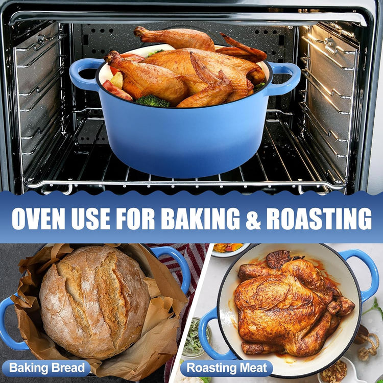 P&P CHEF 7QT Enameled Dutch Oven, Cast Iron Dutch Oven Pot with Lid for Bread Baking, Enameled Casserole Pot for Roasting Braising Stewing Frying Simmering, Various Stoves & Easy Clean, Blue - Nestoria
