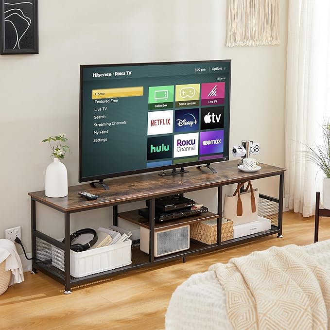 VECELO TV Stand with Power Outlets for Televisions up to 75Inch, 62" Media Entertainment Center with Charging Station 3-Tier Open Storage Shelves with Metal Frame for Living Room/Bedroom,Brown