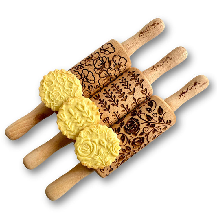 GARDEN BLOSSOMS 3 Small Size Embossed Rolling Pin Set. Wooden Laser Engraved Embossing Dough Roller for Embossed Cookies Gift for Birthday