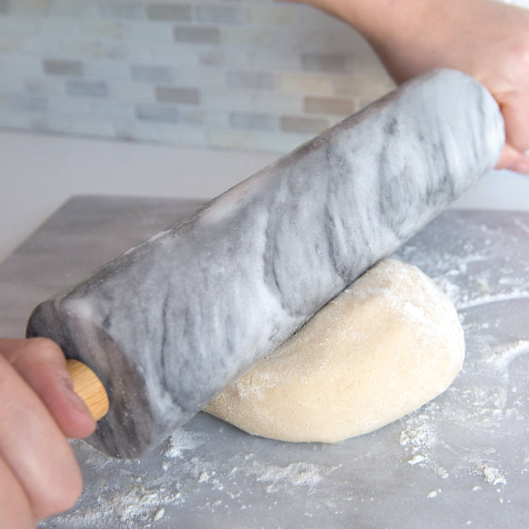 Polished Marble Rolling Pin with Wooden Cradle