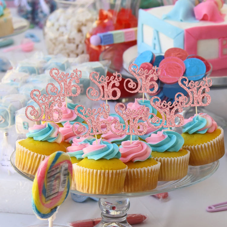 24 Pack 16th Birthday Cupcake Toppers Glitter Sixteen Happy Sweet 16 Cupcake Picks Cheers to 16 Years Old Cupcake Decorations for 16th Birthday Anniversary Party Cake Supplies Rose Gold (24 Count)