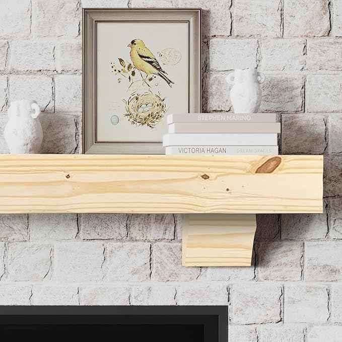 MANTELSDIRECT Breckenridge 48” Fireplace Mantel Shelf with Corbels – Rustic Floating Mantel Shelf for Over Fireplace – Unfinished - Wood Shelf for Wall – Pine Box Construction