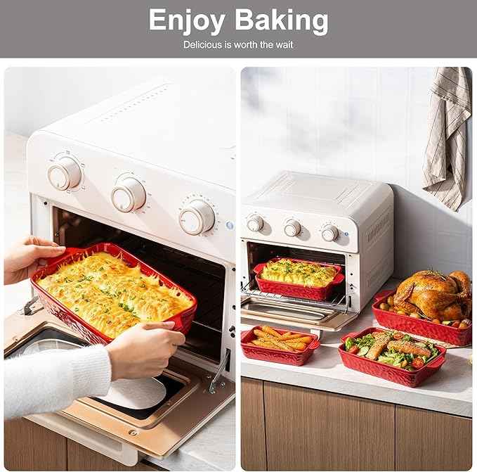 Casserole Dishes for Oven, Baking Dishes, Ceramic Bakeware Sets of 4, Rectangular Baking Pan Set with Handles for Baking, Casserole, Kitchen, Wedding Gift (Red)