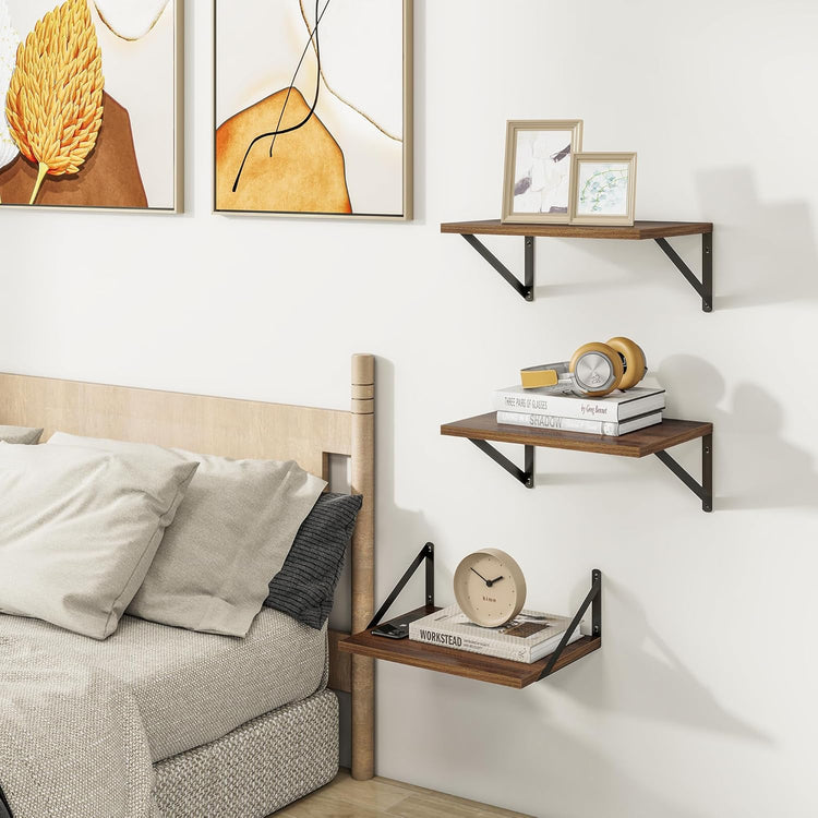 Heimlove Deep Floating Shelves for Wall, 12 Inch Deep Floating Shelves Set of 3, 16W x 12D Wood Wall Shelves, Wide Wood Shelves with Metal Bracket for Living Room, Kitchen, Office, Bedroom - Walnut