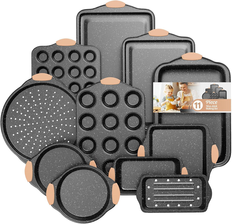 11-Piece Baking Pans Set, Nonstick Bakeware Sets, Oven Pans for Baking with Silicone Handles, Includes Cookie Sheet, Cake Pans, Loaf Pan, Pizza Pan, Muffin Pan, Khaki&Black¡