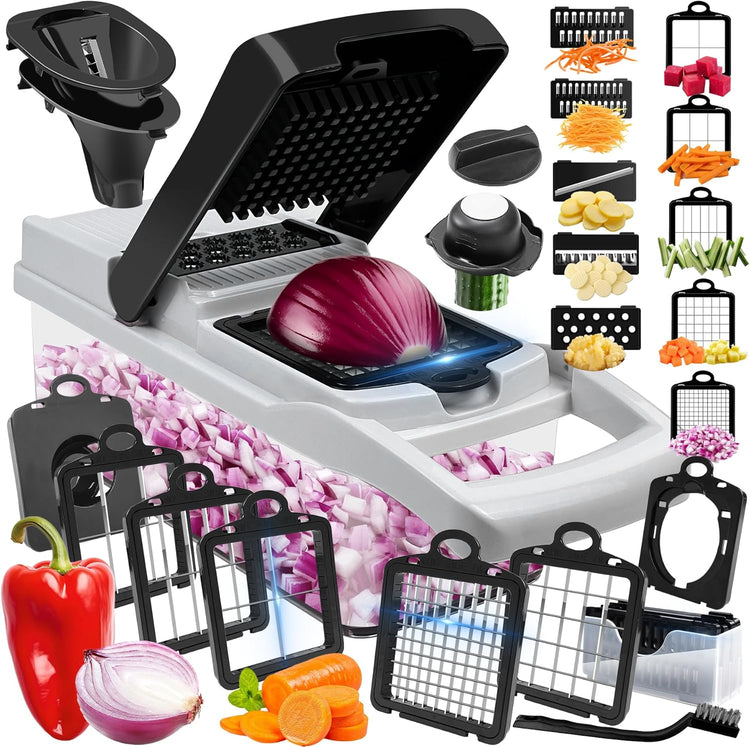 Vegetable Chopper, 10 Blades Slicer Onion Dicer, Multi 23-in-1 Veggie Mandoline Food Cutter for Tomato Fruit, Vegetable cutter with Hand Protector, Egg Separator & Slicer, Container(White)