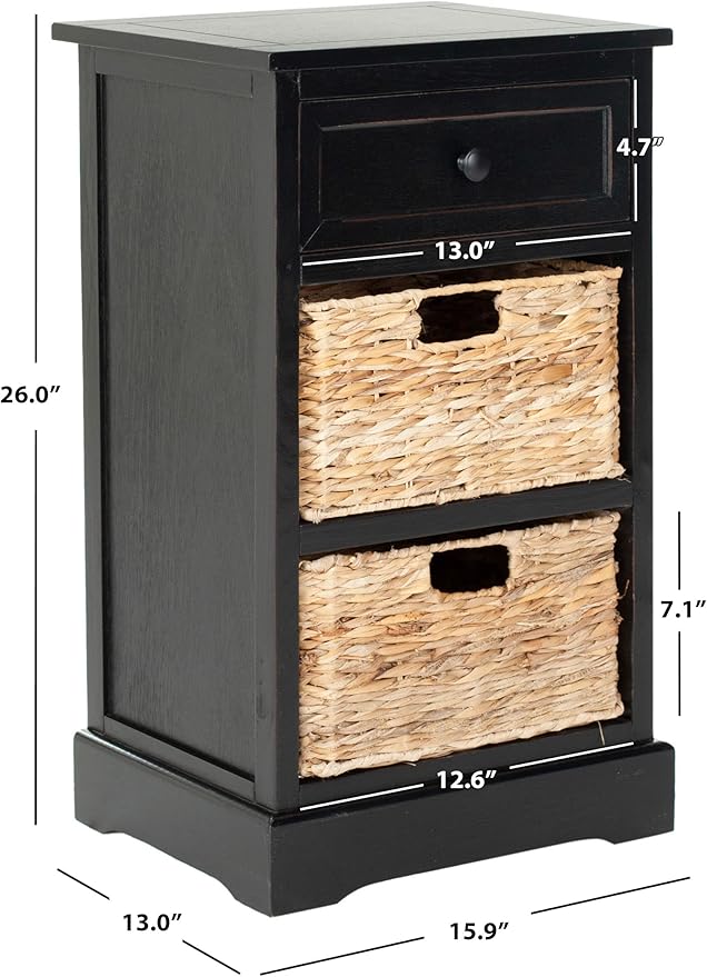 SAFAVIEH Home Collection Carrie Distressed Black/ Natural Wicker 3-Drawer Storage Nightstand Side Table (Fully Assembled)
