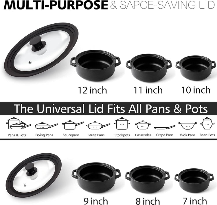 Anaeat Silicone Universal Lid for Pots, Pans and Skillets - Tempered Glass Covered with Heat Resistant Silicone Rim Fits All 7" to 12" Diameter Cookware -Easy to Use Replacement Frying Pan Cover