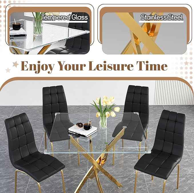 5 Piece Square Glass Dining Table Set, Round Tempered Glass Kitchen Table for 4, Modern Table with 4 High-Back Upholstered Chairs for Kitchen Dining Room (Gold Legs, 4 Black Chairs)