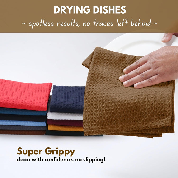 Native Fab Cotton Dish Towel 4 Pack Waffle Weave Tea Towels for Cleaning Drying, 16x26 inches, Soft & Absorbent Washcloths, Kitchen Towel with Hanging Loop, Dish Cloth Set, Brown - Nestoria