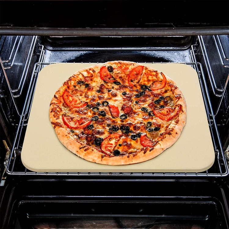 Pizza Grilling Tool Kit - Including 15 x 12 inch Pizza Stone with Metal Handle Rack, Rocker Pizza Cutter Blade with Wooden Safer Grip & Protective Cover – Premium Pizza Oven Grill Accessories