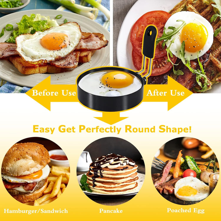 4'' Round+Square Egg Rings Set with Silicone Handle, Stainless Steel Egg Cooking Rings,Nonstick,For Frying Eggs and Egg Mcmuffins, Egg Mold For Breakfast