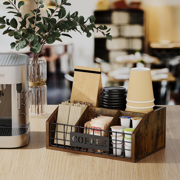 YINMIT Coffee Station Organizer for Countertop, Wood Coffee Bar Organizer with Removable Dividers for Pods, Syrup, Cups, Stirrer, Tea - Office Bar Accessories, Iron Wire-Vintage Brown