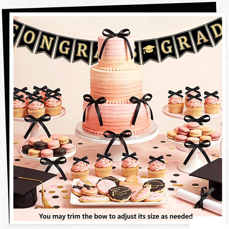 30 Pack Bow Cake Toppers Black Ribbon Bows for Cake Back to School Decor (30 Count)