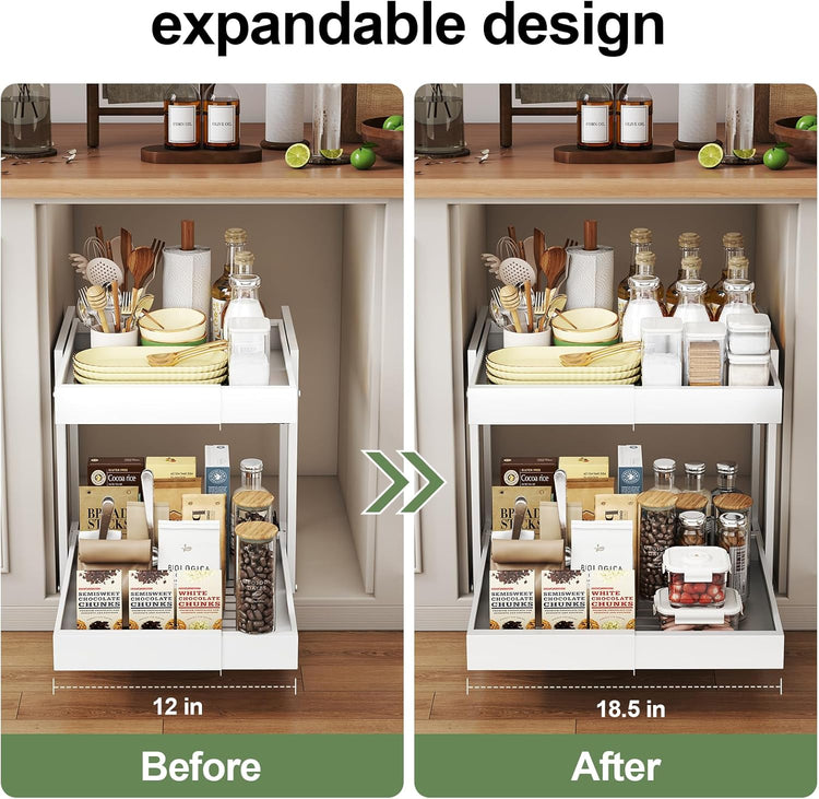 2 Tier Pull Out Cabinet Organizer ,Adjustable Width & Height,Expandable Pull-Out Drawers For Cabinets, Slide Out Shelves for Kitchen Cabinets / Countertop / Pantry,Heavy-Duty & Easy to Install(White)
