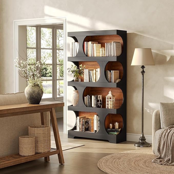 LITTLE TREE 4-Tier Large Bookshelf Set 2, All Wooden 70.8-Inch Tall Bookcase with Storage Shelves, Modern Display Rack, Black Open Book Shelf for Living Room, Bedroom, Office