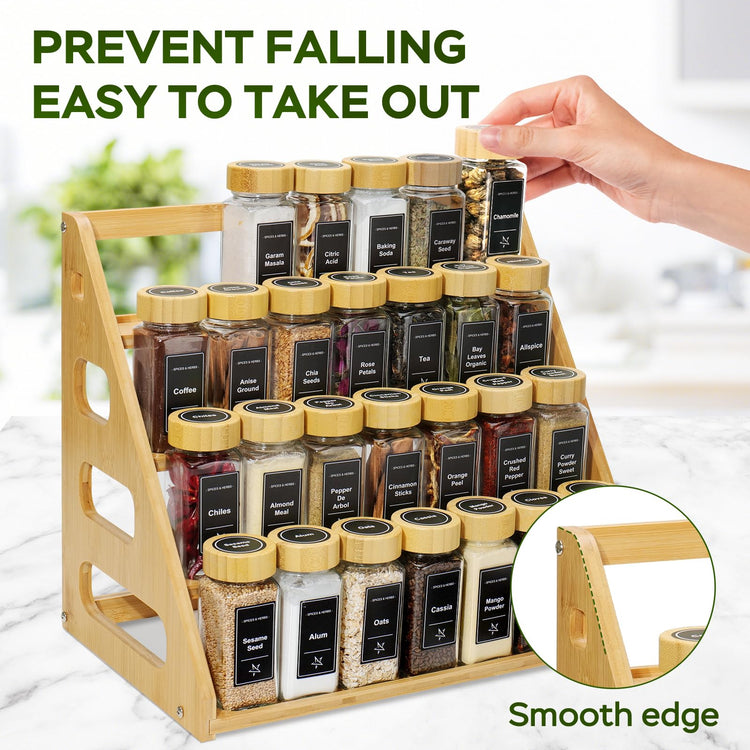 4Tier Bamboo Spice Rack Organizer with 28 Glass Spice Jars Empty 4 oz Jars