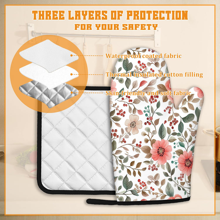 Pink Poppy Floral Oven Mitts and Pot Holders Set (4 Count)